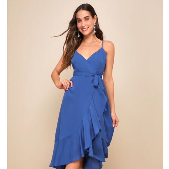 NWT Lulus Manhattan Moment Blue Ruffled Midi Wrap Dress - Picture 1 of 15